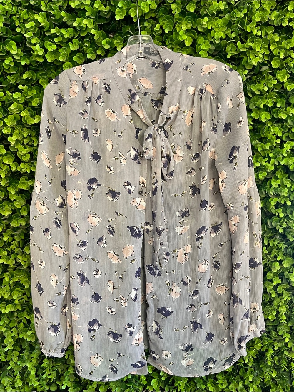 Express Tie-Neck Floral Blouse in Gray and Blush